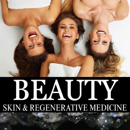 Three smiling women with heads together in a circle, viewed from above; bold 'BEAUTY' and 'Skin & Regenerative Medicine' text on a black banner across the bottom.