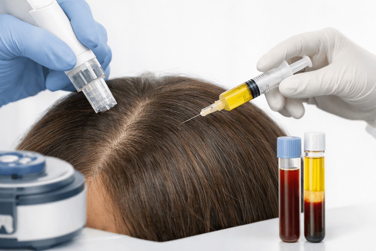 Gloved clinician administering a scalp injection beside a tray of blood vials on a table.