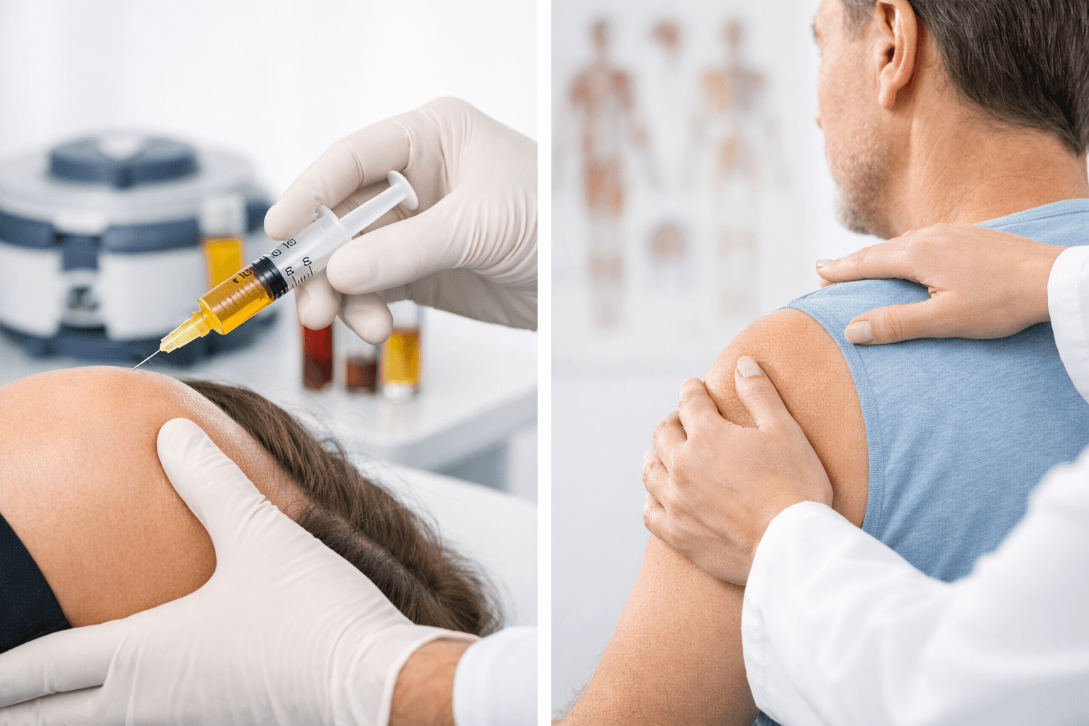 Medical professional gives a shoulder injection using a syringe while wearing gloves over the patient’s shoulder.
