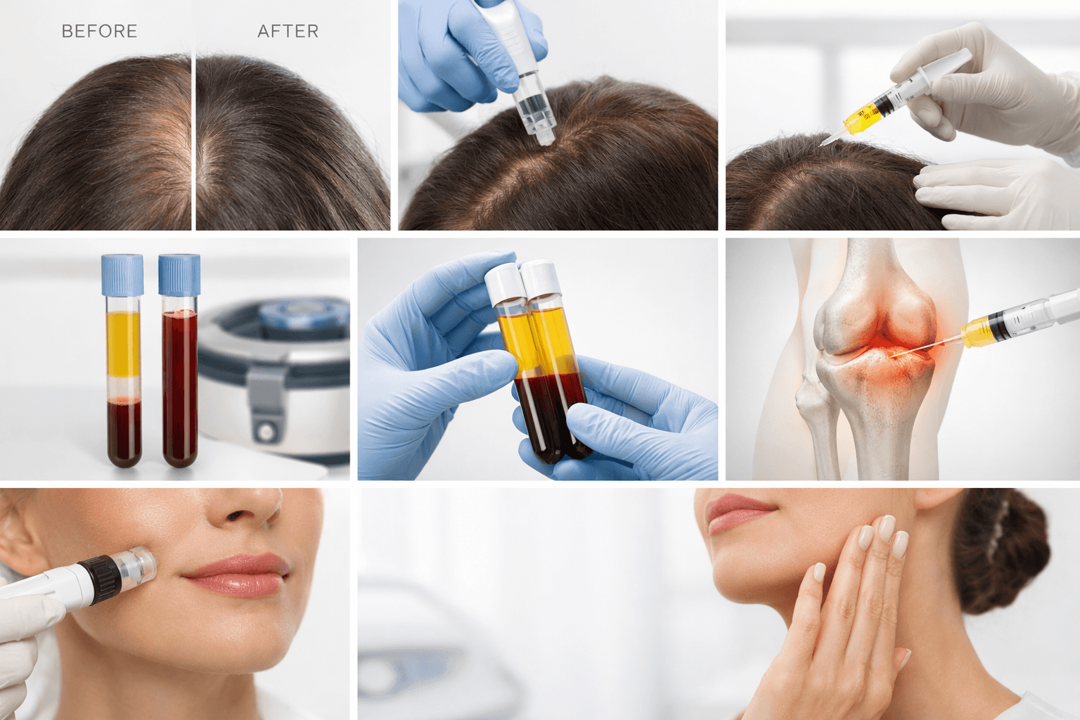 Collage of cosmetic medical treatments: hair regrowth, scalp injections, blood sample tubes, and facial procedures across nine panels.