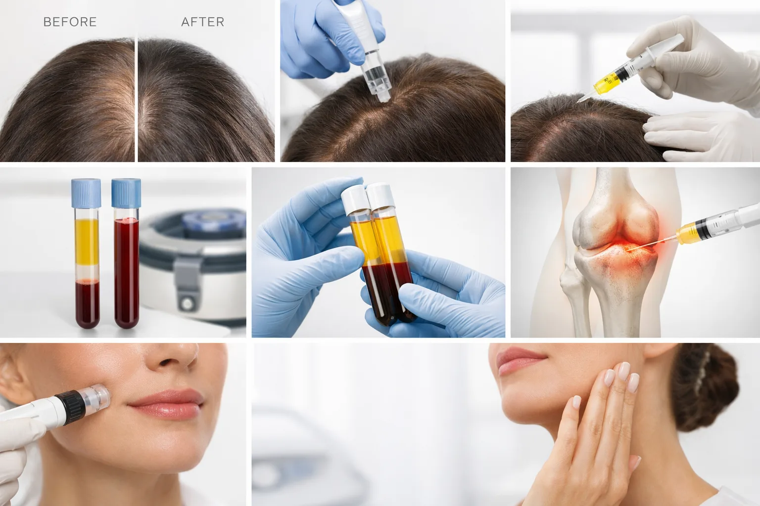 Collage of cosmetic medical treatments: hair regrowth, scalp injections, blood sample tubes, and facial procedures across nine panels.